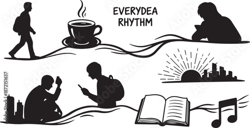 Silhouettes of people in daily life rhythm and routine