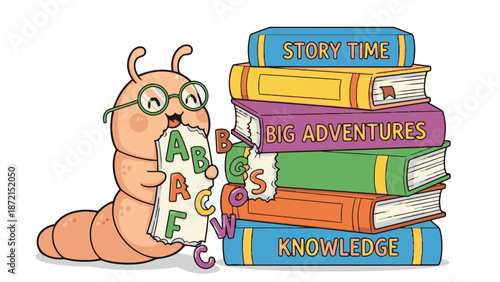 Bookworm Reading Cute Worm Flat Vector Illustration Mascot generative ai