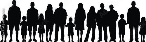 Large family group silhouette showing adults and children standing together isolated on white background for community unity lifestyle concepts illustration