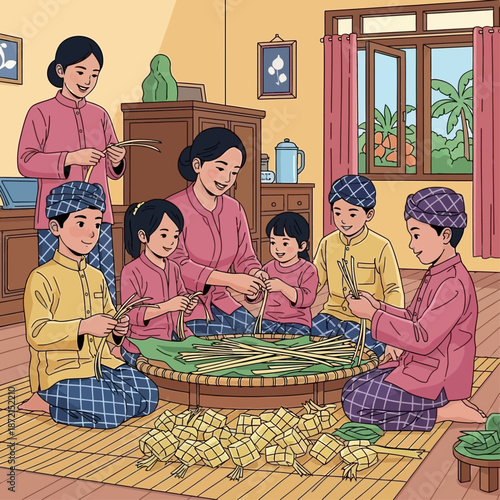 Family gathering to weave traditional Malaysian handicrafts together.