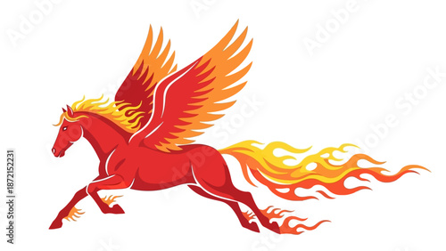 Vector Illustration of a Mythical Fire Winged Horse in Modern Stylized Design with Red Orange and Yellow Colors