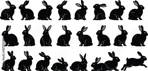 Rabbit silhouette collection showing various sitting and running bunny poses isolated on white background for animal wildlife illustration design