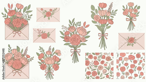 Pattern Vector Floral Bouquets and Envelopes in Vintage Style with Soft Pink and Green Colors