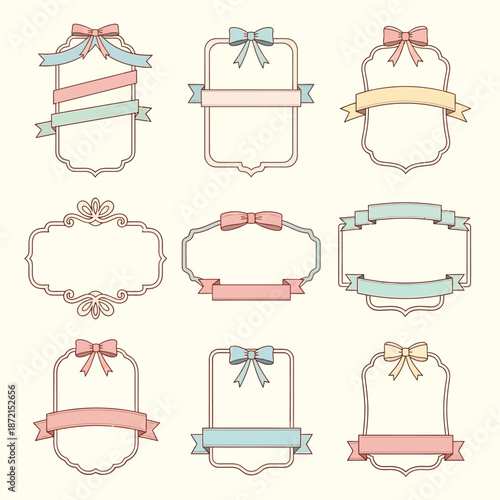 Vintage Frame Vector Collection with Ribbon Bows in Pastel Colors for Decorative Design