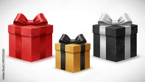Vector Illustration of Gift Boxes with Ribbons in Modern Elegant Style Featuring Red Gold and Black Colors