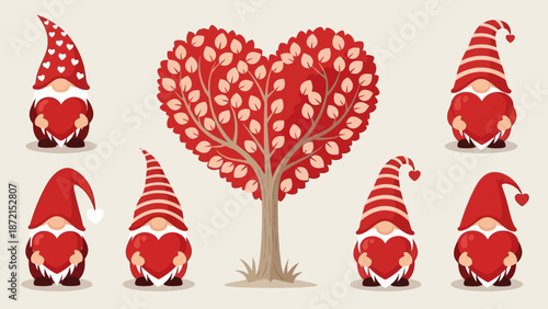Vector Pattern with Heart-Shaped Trees and Gnome Characters in Whimsical Romantic Style