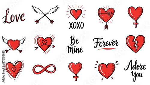 Vector Romantic Heart Pattern with Love Love Be Mine Forever Adore Elements in Modern Minimalist Style Red and Black Colors