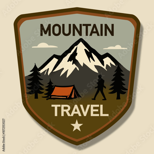 Mountain travel badge featuring a hiker, tent, and forest landscape in vintage flat style. Suitable for travel branding, hiking logos, outdoor clubs, and adventure merchandise.