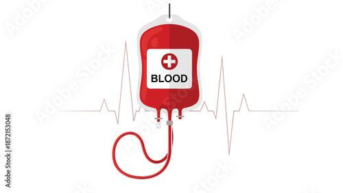 A blood bag with a visible "blood" label and a cross symbol is connected to tubing, set against a background of an electrocardiogram heartbeat line.