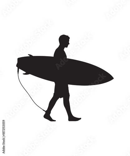 Silhouette of a surfer walking with his surfboard and leash, heading to the ocean.