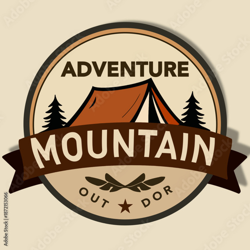 Round mountain adventure badge with camping tent and forest landscape in vintage outdoor style. Ideal for outdoor apparel, patches, travel branding, and camping gear designs.