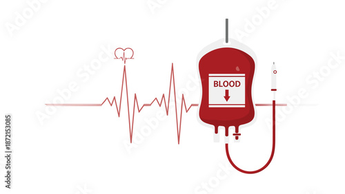A red blood bag labeled "blood" with a downward arrow signifies a blood transfusion, placed against a background of an active electrocardiogram heartbeat.
