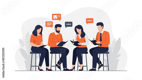 Team Collaboration and Brainstorming Session with Communication Icons