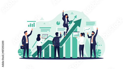 Business growth concept with people celebrating success on financial chart