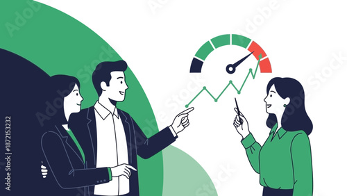 Business team analyzing growth chart with speedometer showing performance
