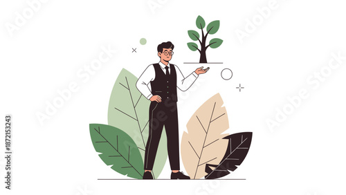 Businessman presenting a growing plant, concept of business growth and sustainability