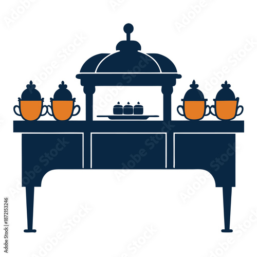 Dark blue table displays dessert items and orange teacups in a minimalist style