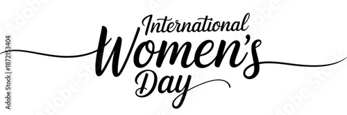 Black cursive text celebrating International Womens Day with decorative swirls celebration