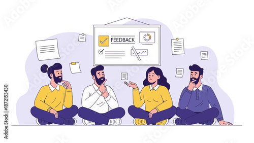 Team brainstorming session with feedback board and notes