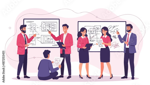 Business Team Brainstorming Meeting with Whiteboard Diagrams and Planning