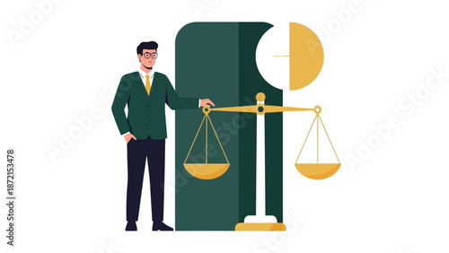 Lawyer With Scales of Justice and Pie Chart, Symbol of Legal Balance