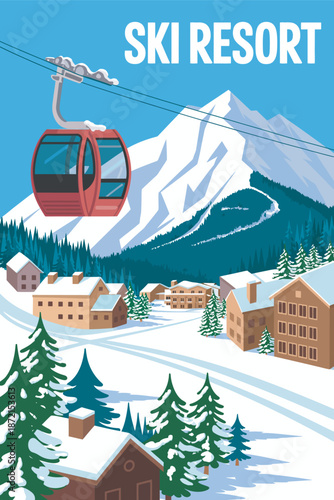 Ski Resort Mountain Village with Gondola Lift and Snow-Covered Pines A Winter Wonderland Vacation Destination