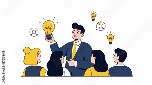 Team brainstorming session with leader holding a bright lightbulb idea.