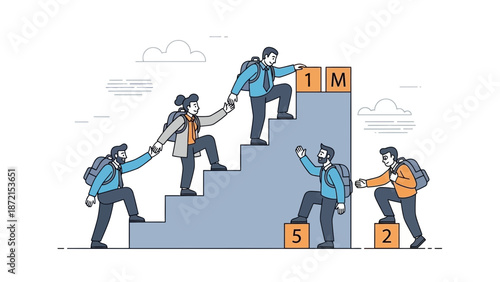 Teamwork climbing stairs to success, business growth, collaboration, achieving goals