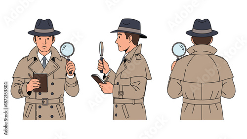 A set of three distinct poses displays a classic detective character in a trench coat and fedora, holding a magnifying glass and notepad, from front, side, and back views.