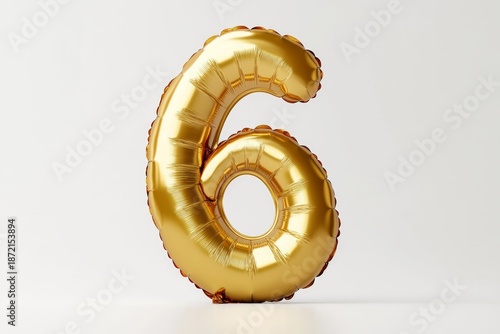 Gold balloon number 6 on white background. AI image
