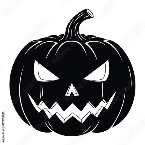 A vector illustration of a black and white pumpkin with a menacing face, featuring a curved stem and sharp teeth, against a clean white background.