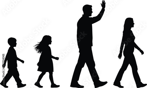 Family walking silhouette showing parents and children moving together isolated on white background for parenting lifestyle unity and togetherness concepts