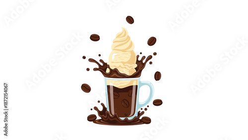 A refreshing coffee drink topped with a generous swirl of whipped cream explodes with splashes and scattered coffee beans, creating a dynamic visual.