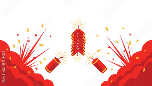 Traditional red firecrackers burst with sparks and colorful confetti, creating a festive and exciting atmosphere for a lively celebration or holiday event.