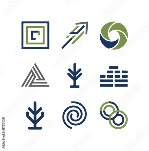 Abstract geometric shapes in varied arrangements on black background