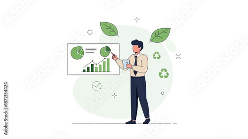 Businessman presenting eco-friendly business growth on a whiteboard with charts and leaves.