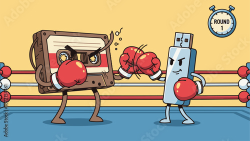 Analog vs Digital Boxing Tech Flat Vector Illustration Humorous Mascot generative ai