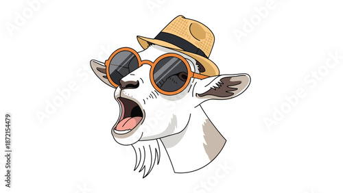 A whimsical goat wearing a stylish straw hat and trendy broken sunglasses with an open mouth is depicted, conveying a humorous and unique character.