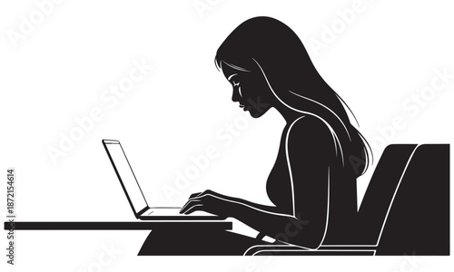 Woman working on laptop in modern workspace with sleek silhouette
