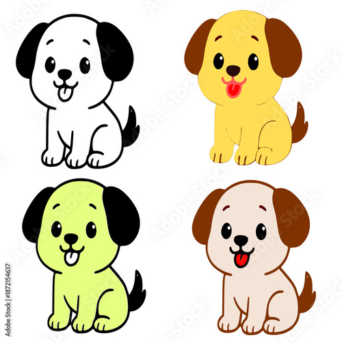 disegno cagnolino stilizzato da colorare, in quattro versioni in vari tracciati chiusi sovrapposti