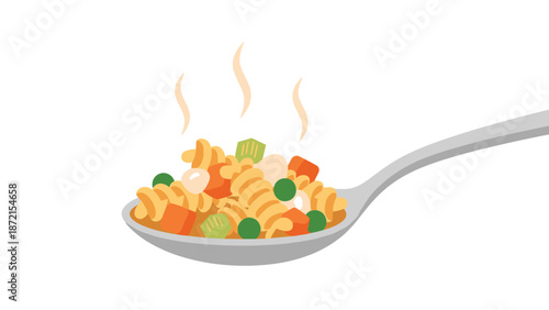 A steaming silver spoon presents a warm and inviting portion of spiral pasta combined with a colorful medley of vegetables, indicating a freshly prepared meal.