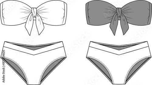 Women bikini swimsuit technical fashion sketch showing bandeau top and brief bottom front views isolated on white background apparel design illustration