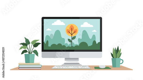 A clean and organized desktop computer setup displays a vibrant outdoor scene, flanked by potted plants and a stack of books, creating an inspiring workspace.