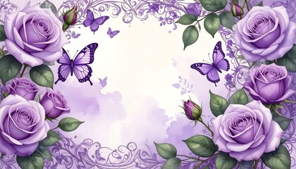 Purple Roses and Butterflies Frame with Ornate Flourishes and Soft Watercolor Background