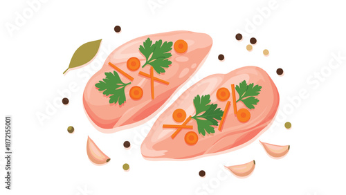 A top-down view showcases two raw chicken breasts, seasoned with herbs and carrots, artfully arranged with garlic cloves and peppercorns, ready for a delicious meal.