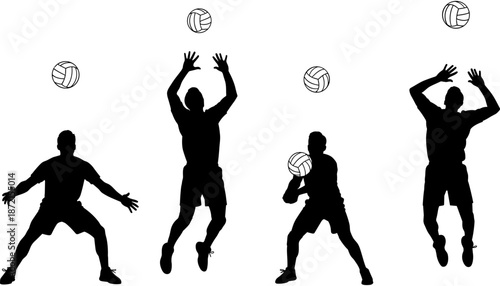 Black silhouette collection of professional volleyball players performing jumps and sets with balls in various action poses on white background
