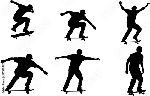 Black silhouette collection of skateboarders performing tricks and riding skateboards in various action poses isolated on a plain white background