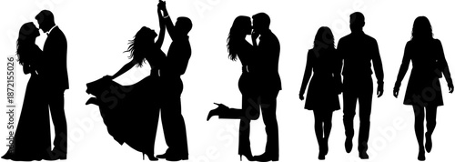 Black silhouette collection of romantic couples dancing walking and hugging showing love and intimacy for wedding and dating concepts background