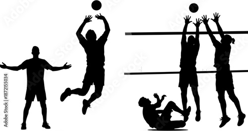 Black silhouette collection of volleyball players performing actions like spiking blocking and setting during a match isolated on white background