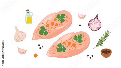 Two raw chicken breasts, lightly garnished with herbs and carrots, are surrounded by a flavorful assortment of garlic, onion, olive oil, and various spices, ready for cooking.
